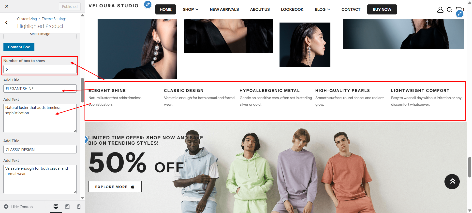 highlighted-product settings screenshot