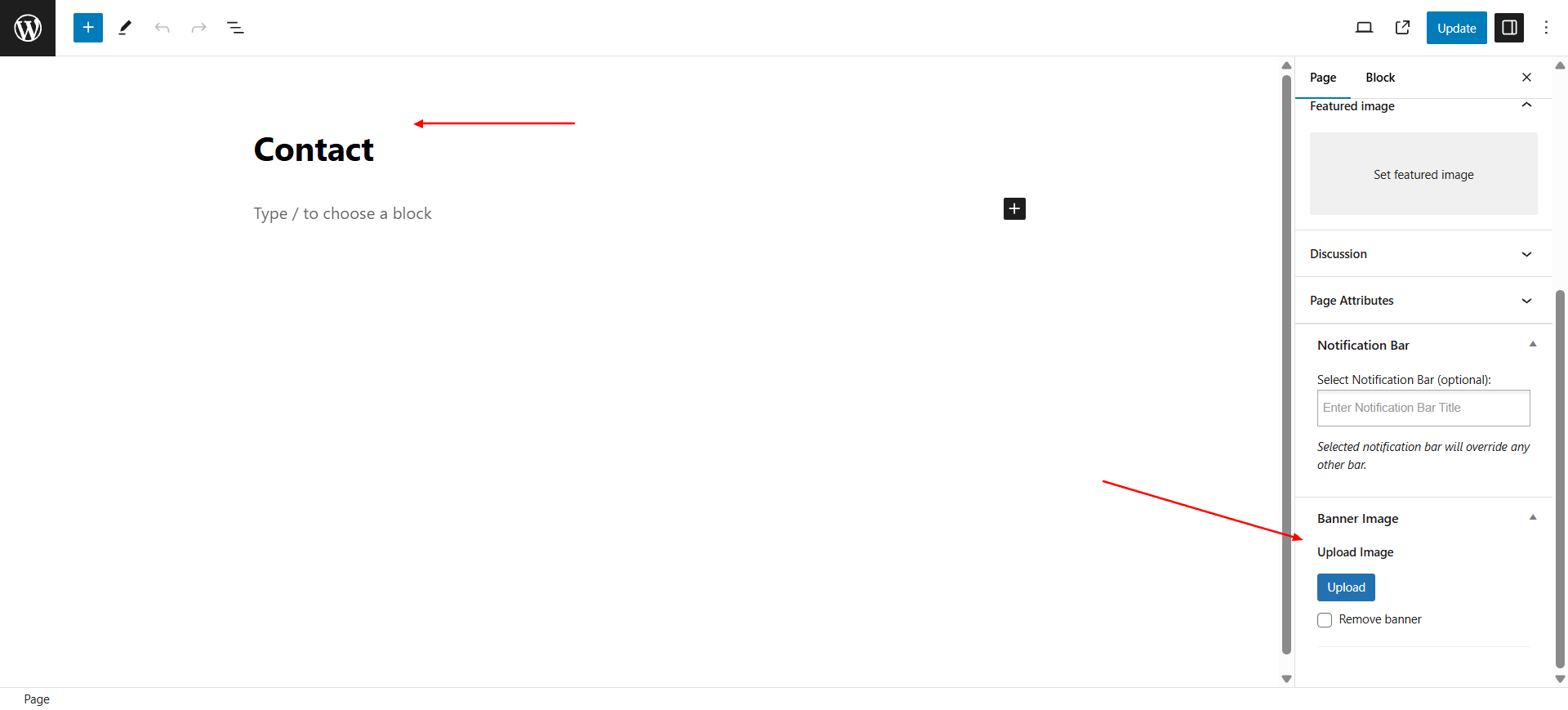 Individual page banner upload screenshot
