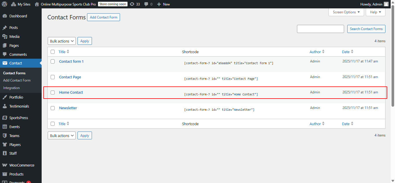 contact-us form setup screenshot