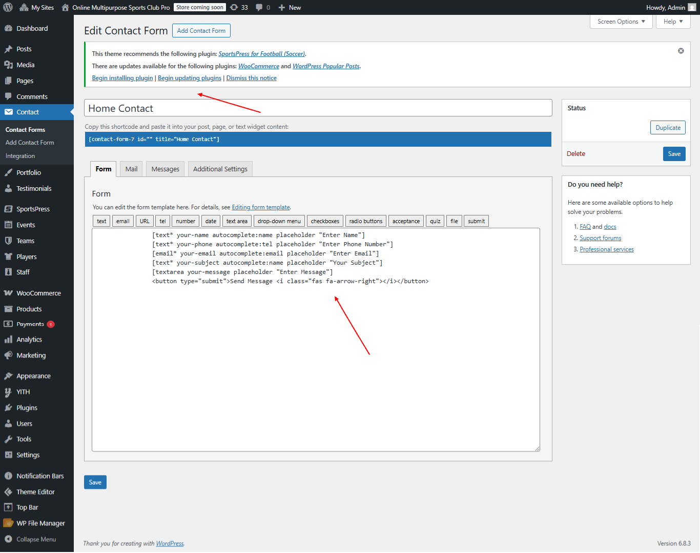 contact-us settings screenshot