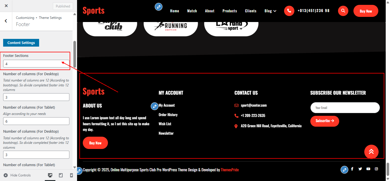 Footer columns layout screenshot