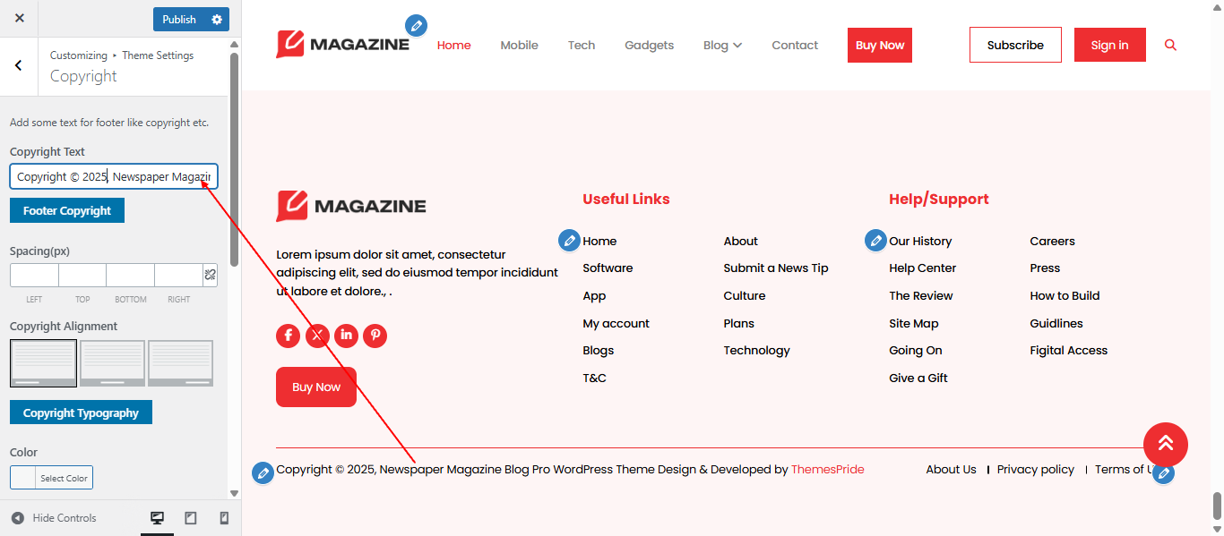 Copyright text setting screenshot