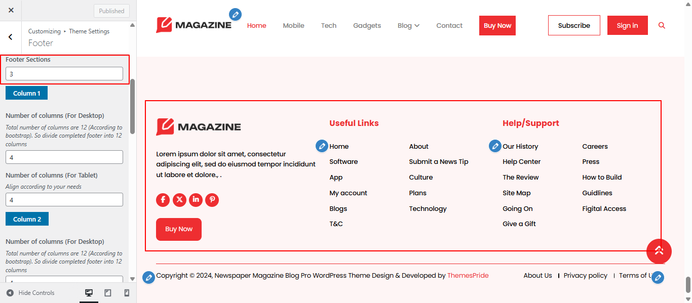 Footer columns layout screenshot