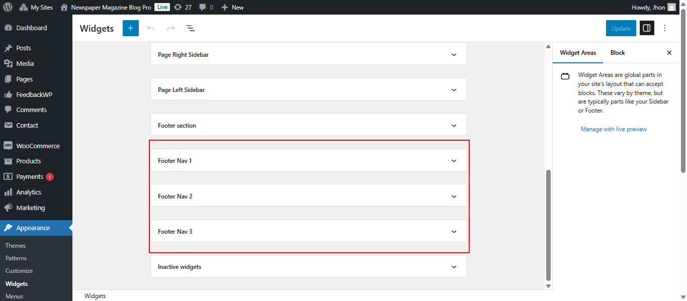 Footer widget customization screenshot