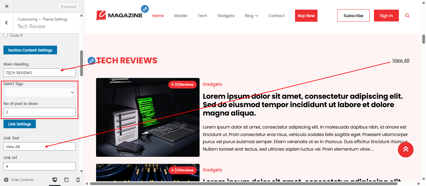 Tech Reviews section screenshot