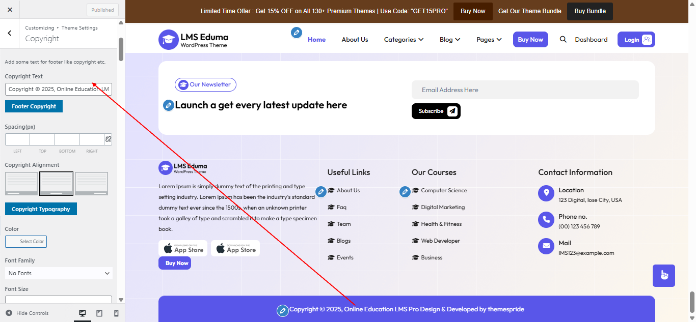 Copyright text setting screenshot