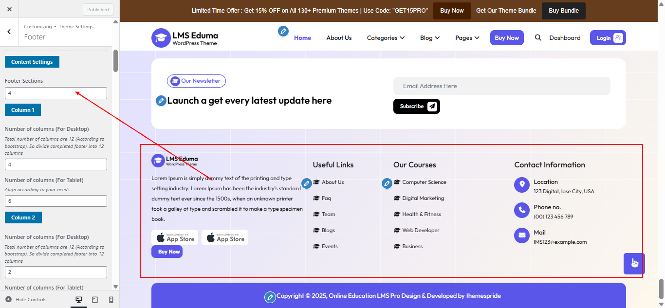 Footer columns layout screenshot