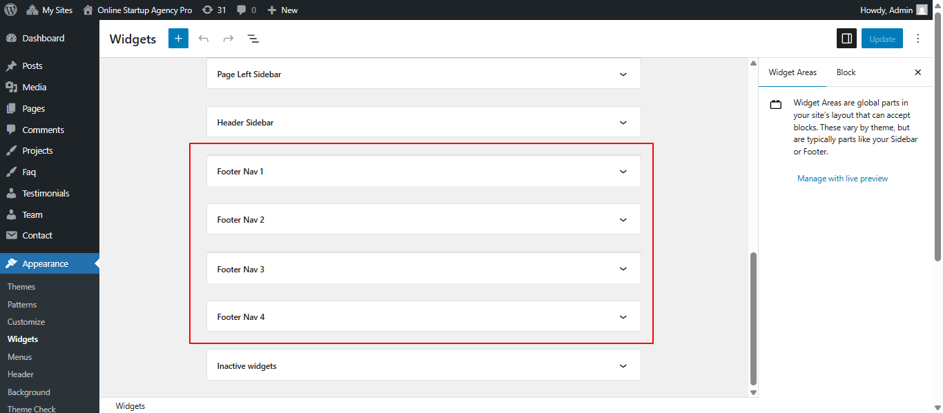 Footer widget customization screenshot