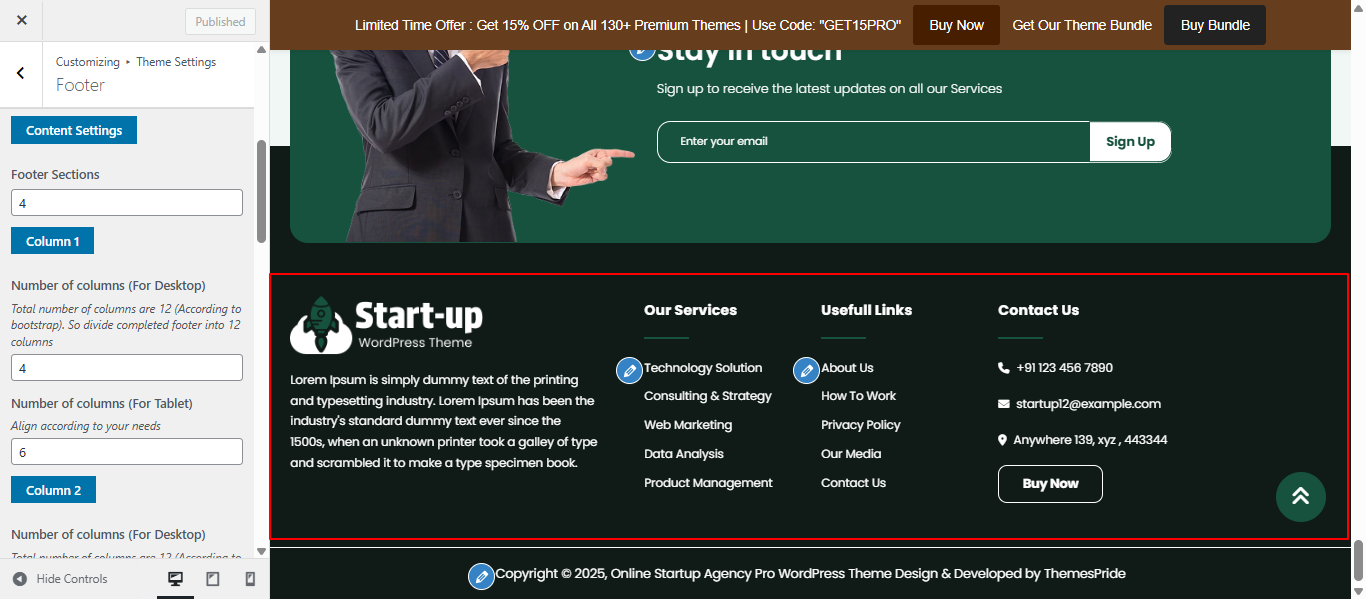 Footer columns layout screenshot
