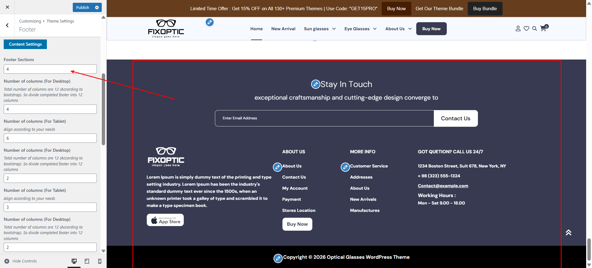 Footer columns layout screenshot