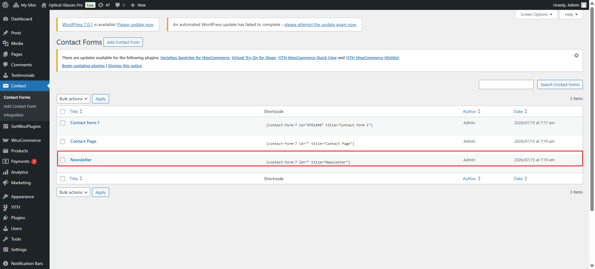 newsletter form setup screenshot