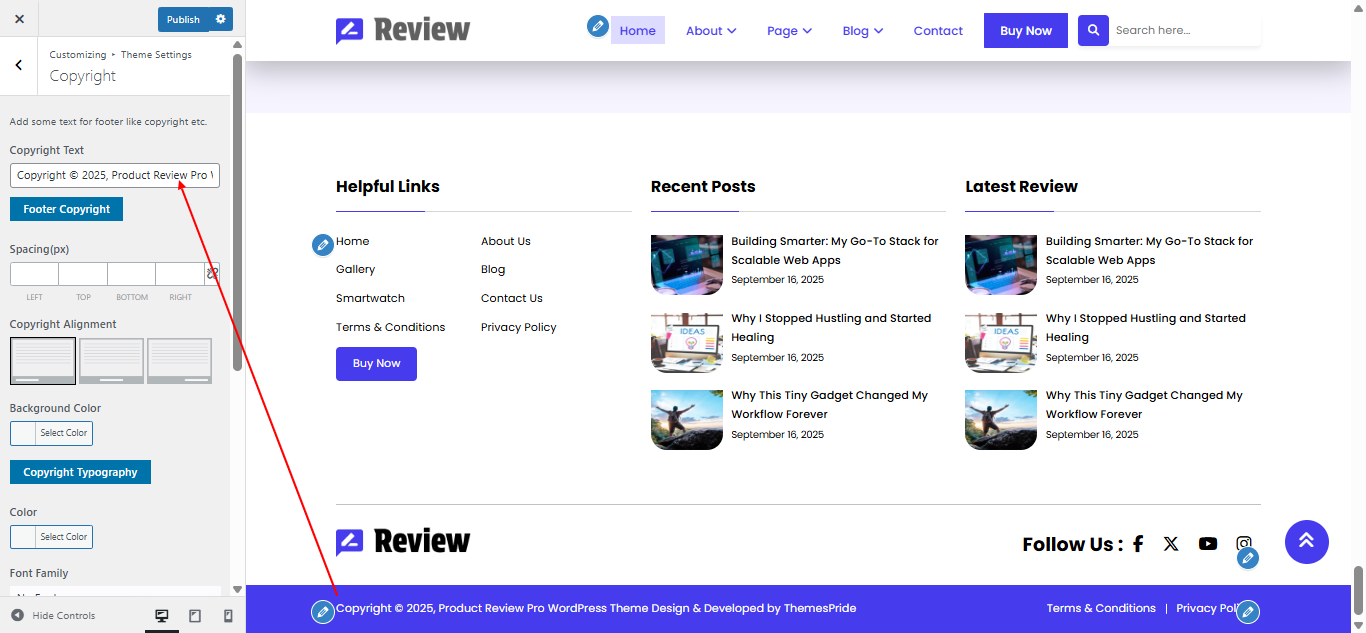Copyright text setting screenshot