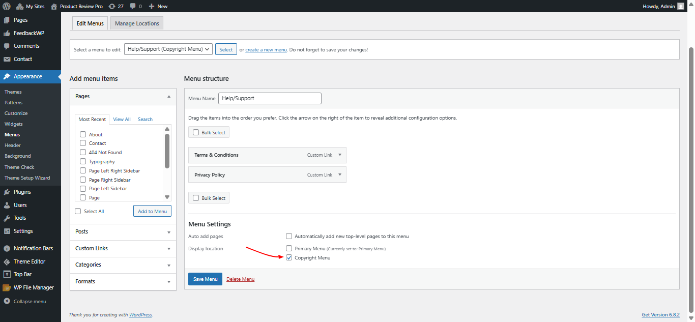 Copyright text setting screenshot