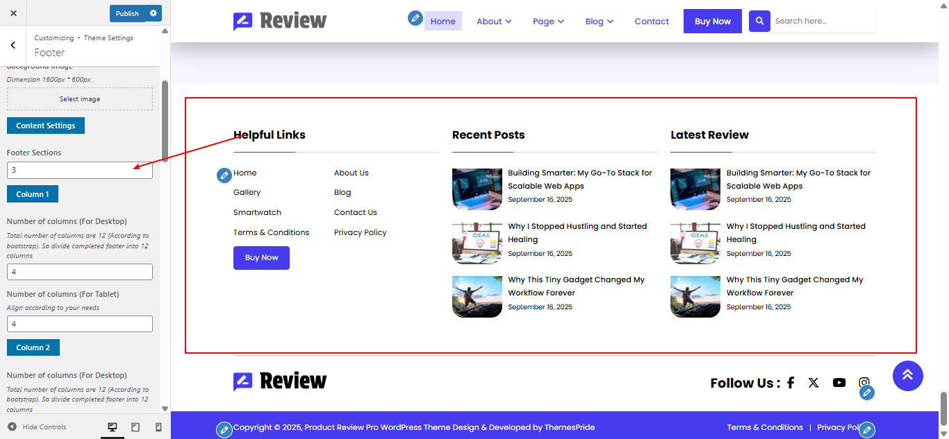 Footer columns layout screenshot