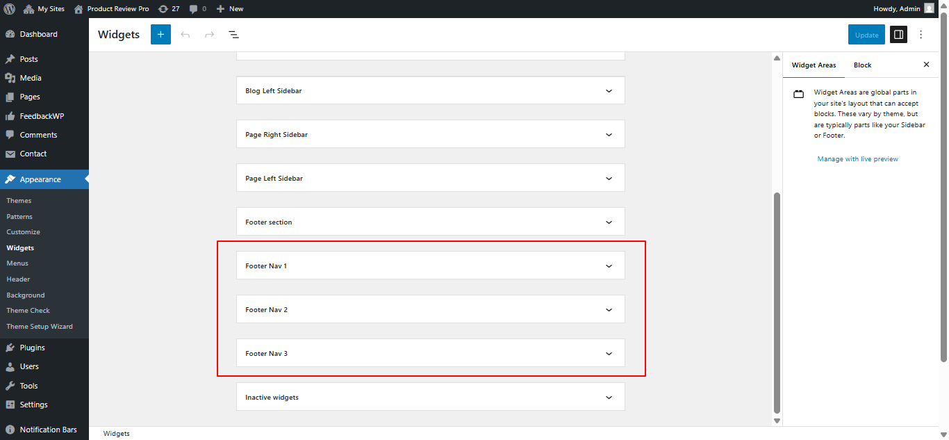 Footer widget customization screenshot