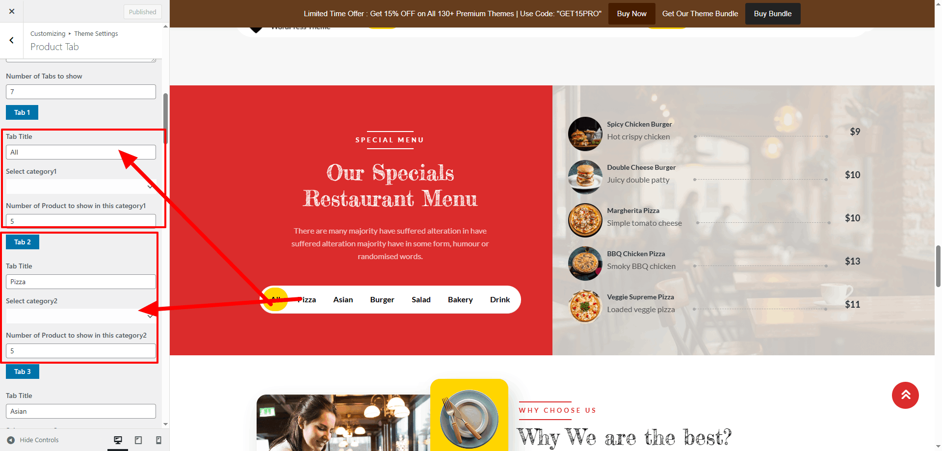 Product Tab Category Selection