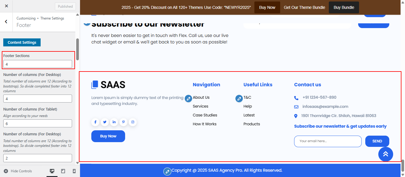Footer columns layout screenshot