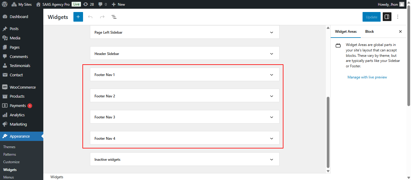 Footer widget customization screenshot
