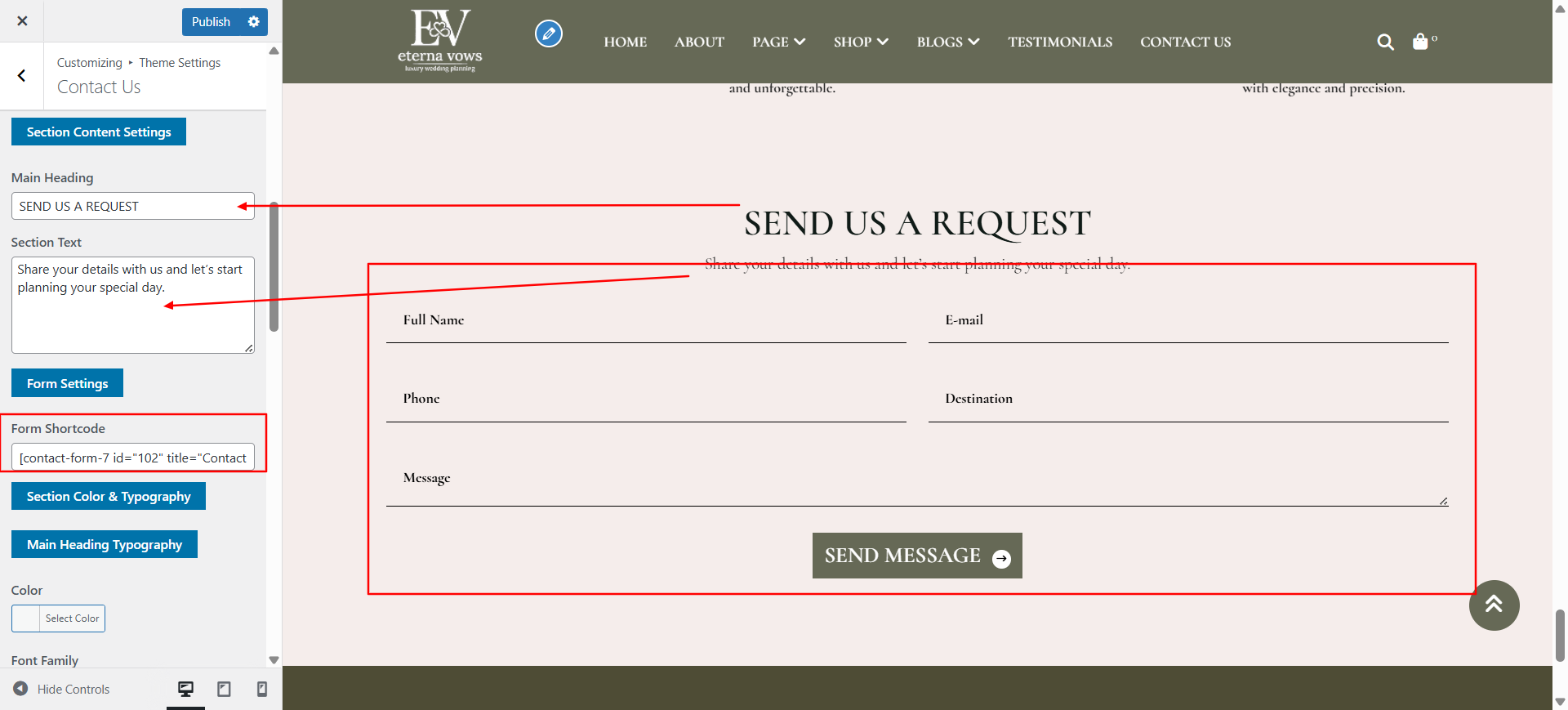 contact form setup screenshot