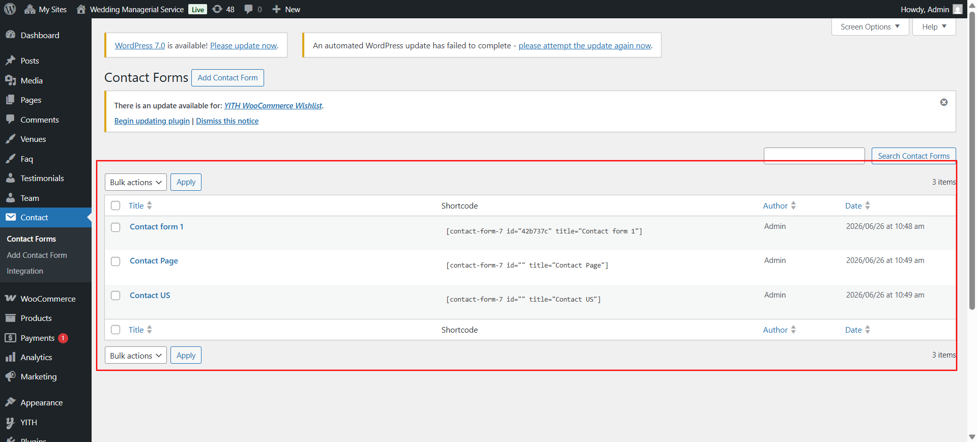 contact form setup screenshot