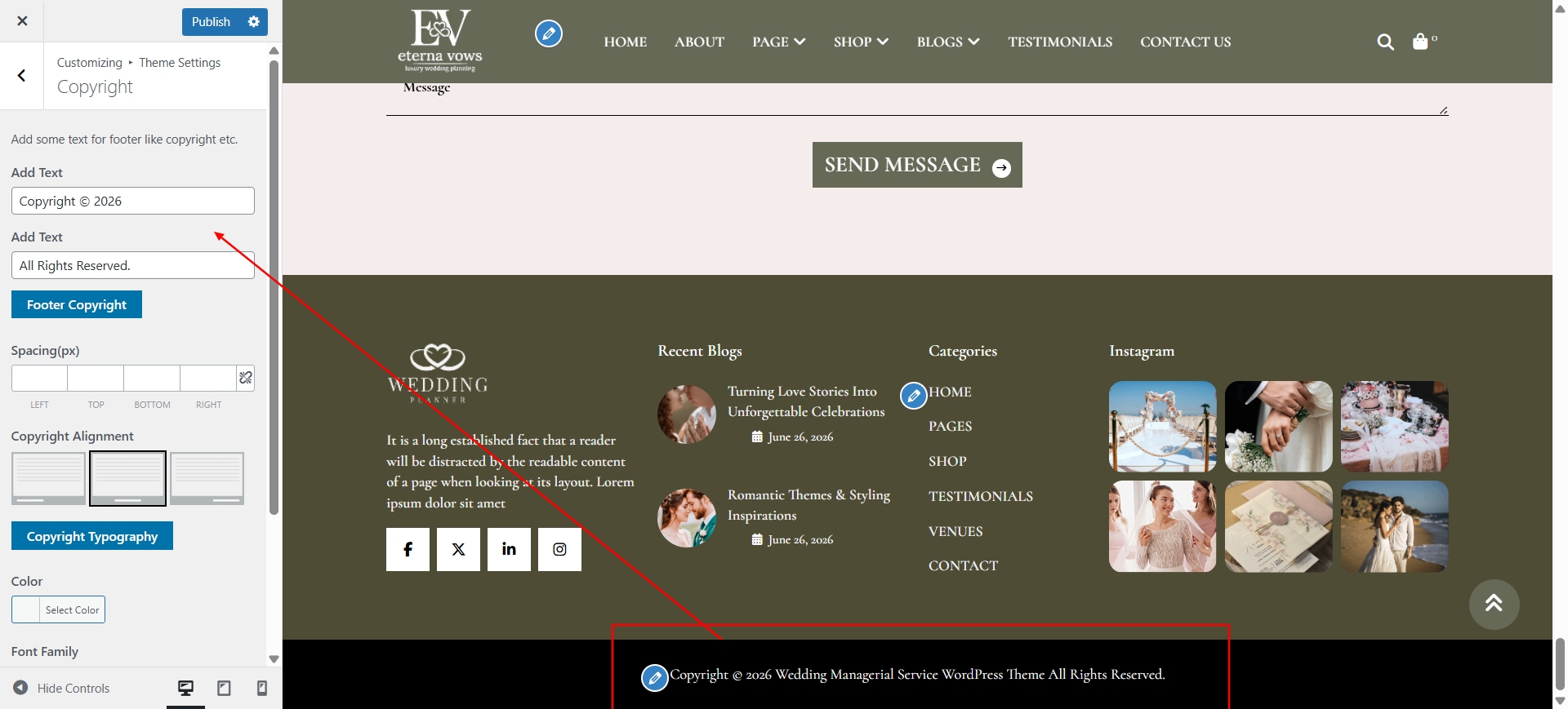 Copyright text setting screenshot