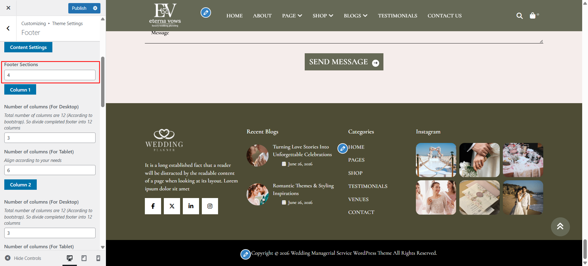 Footer columns layout screenshot